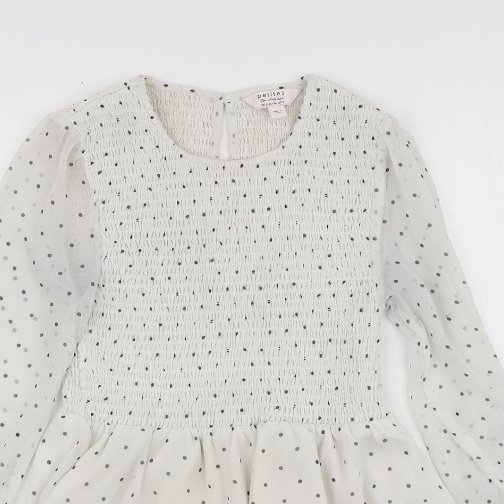 Petites Womens White Polka Dot Polyester Basic Blouse Size 6 Round Neck