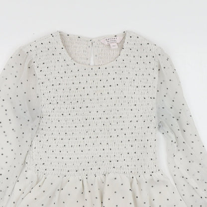 Petites Womens White Polka Dot Polyester Basic Blouse Size 6 Round Neck