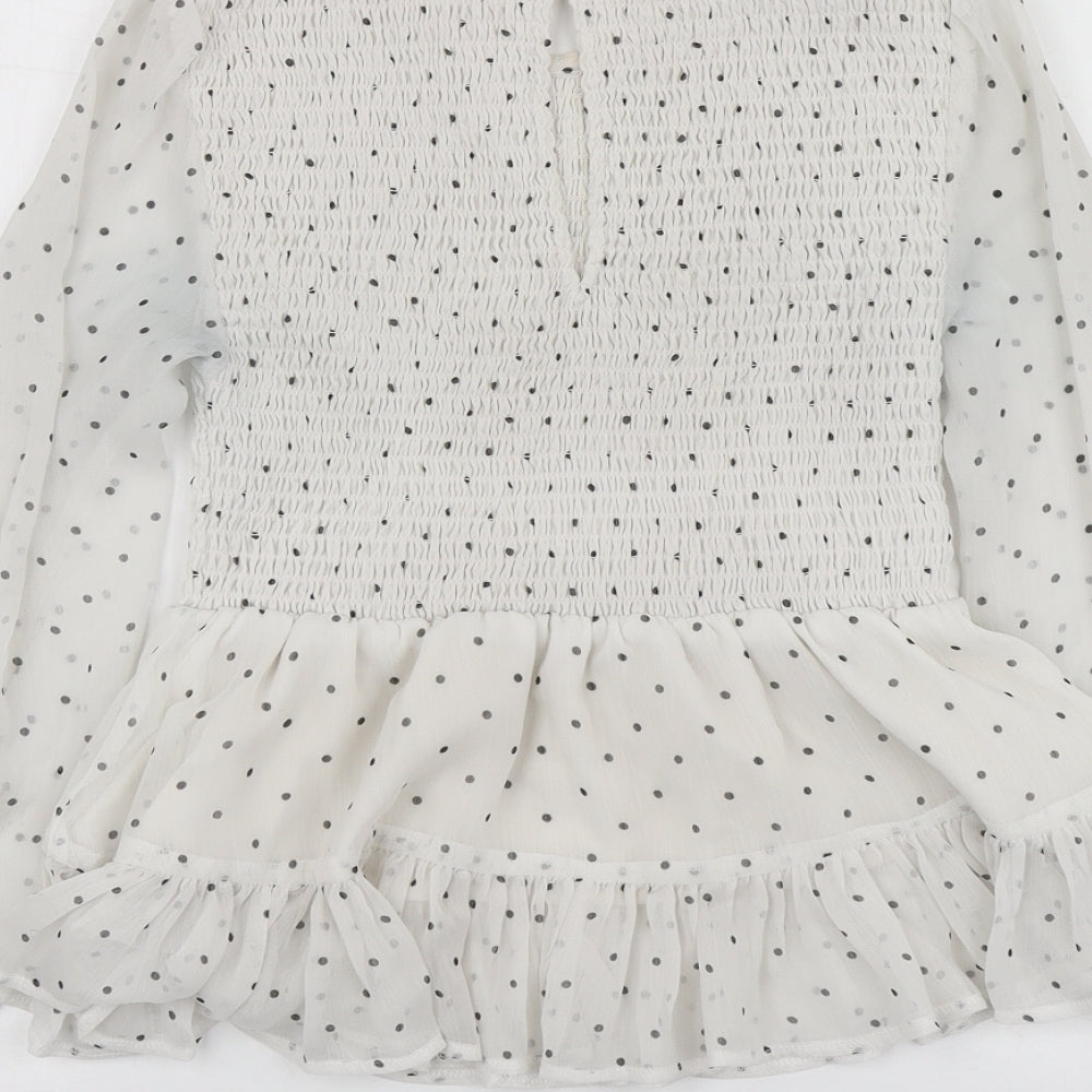 Petites Womens White Polka Dot Polyester Basic Blouse Size 6 Round Neck