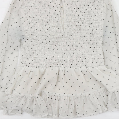 Petites Womens White Polka Dot Polyester Basic Blouse Size 6 Round Neck