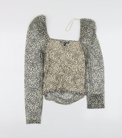 Primark Womens Beige Animal Print Polyester Basic Blouse Size 2XS Square Neck