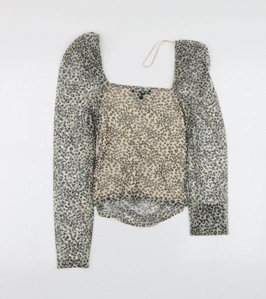 Primark Womens Beige Animal Print Polyester Basic Blouse Size 2XS Square Neck