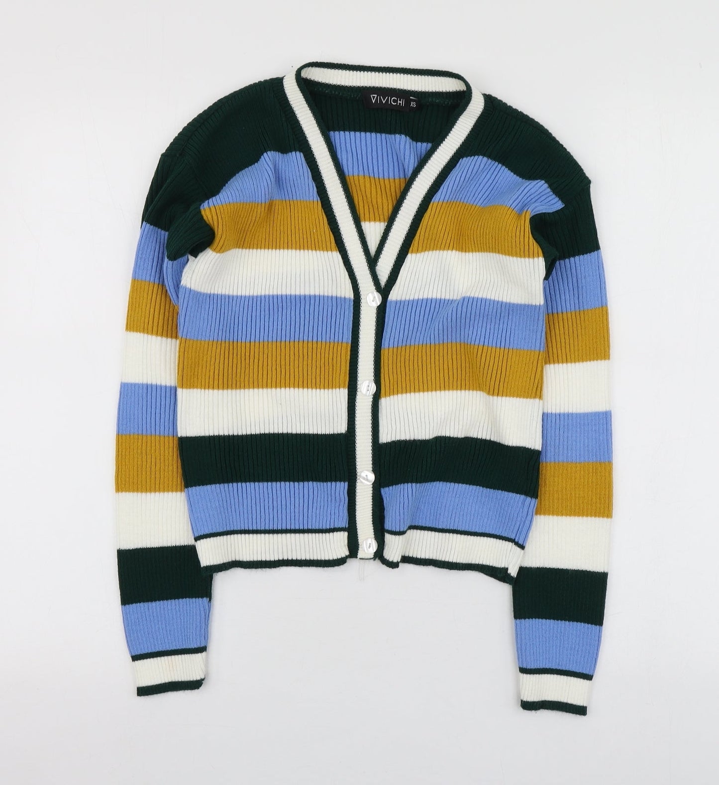 Ivichi Womens  V-Neck Striped Acrylic Cardigan Jumper Size XS