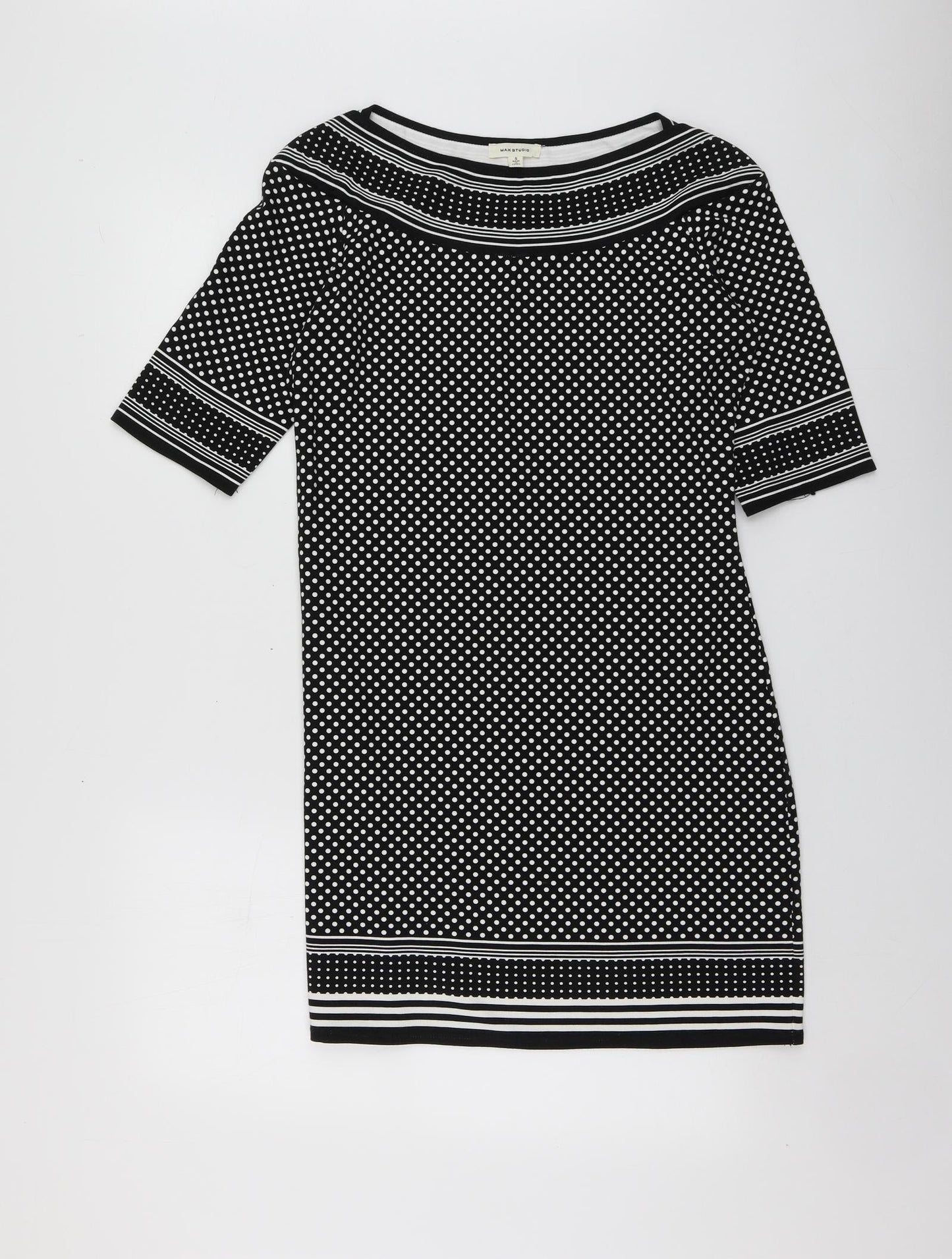 Max Studio Womens Black Polka Dot Rayon A-Line  Size S  Round Neck