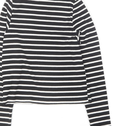 YD Girls Black Striped Viscose Basic T-Shirt Size 12-13 Years Round Neck
