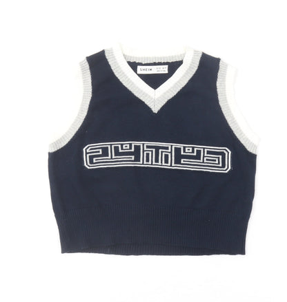 SheIn Girls Blue V-Neck  Cotton Pullover Jumper Size 6-7 Years