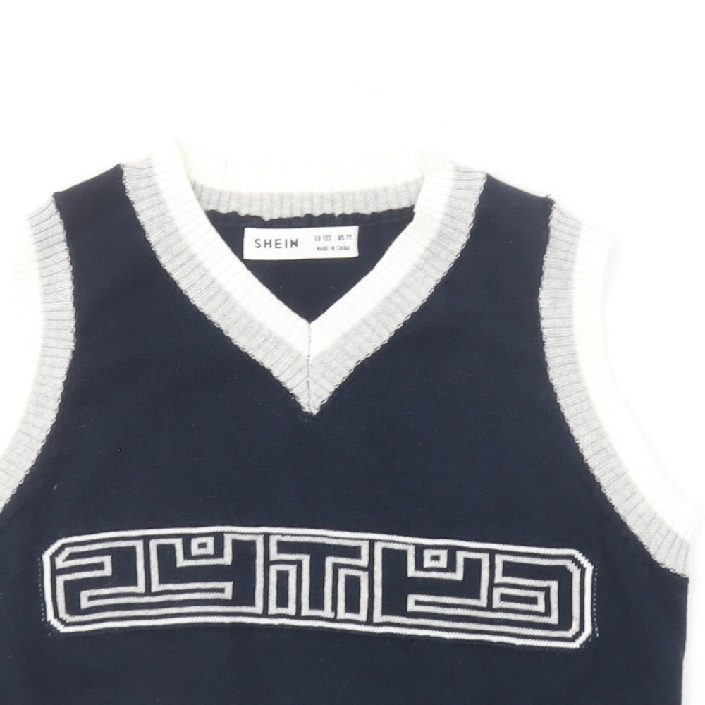 SheIn Girls Blue V-Neck  Cotton Pullover Jumper Size 6-7 Years