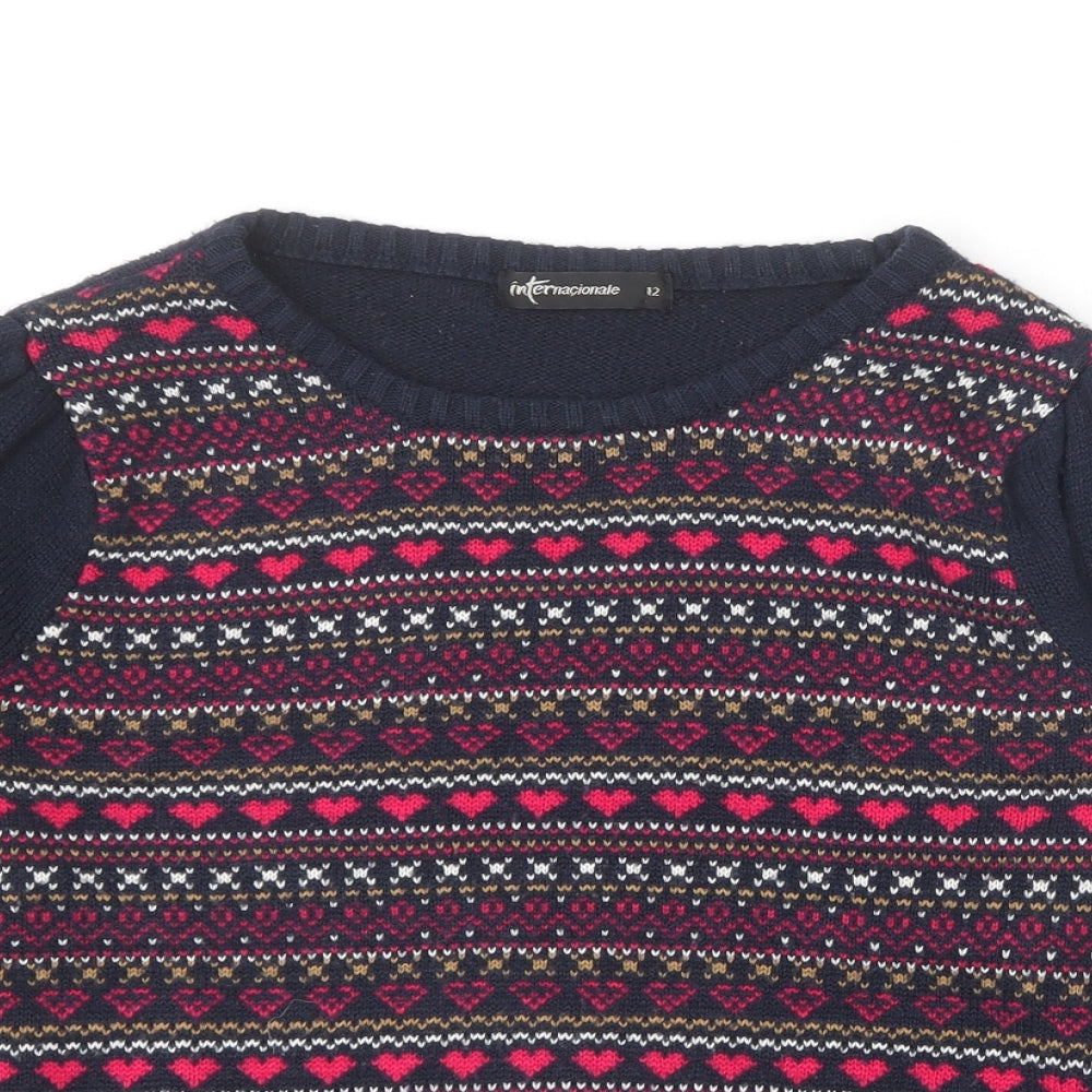 Internacionale Womens Blue Round Neck Geometric Acrylic Pullover Jumper Size 12