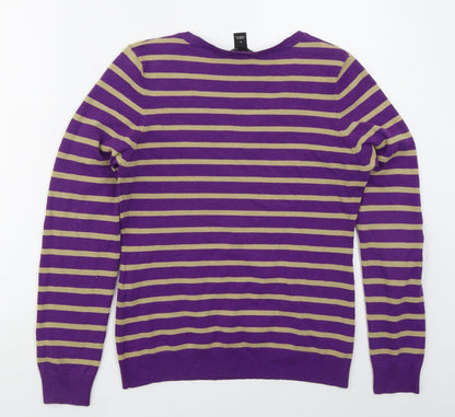 H&M Womens Purple V-Neck Striped Acrylic Pullover Jumper Size L