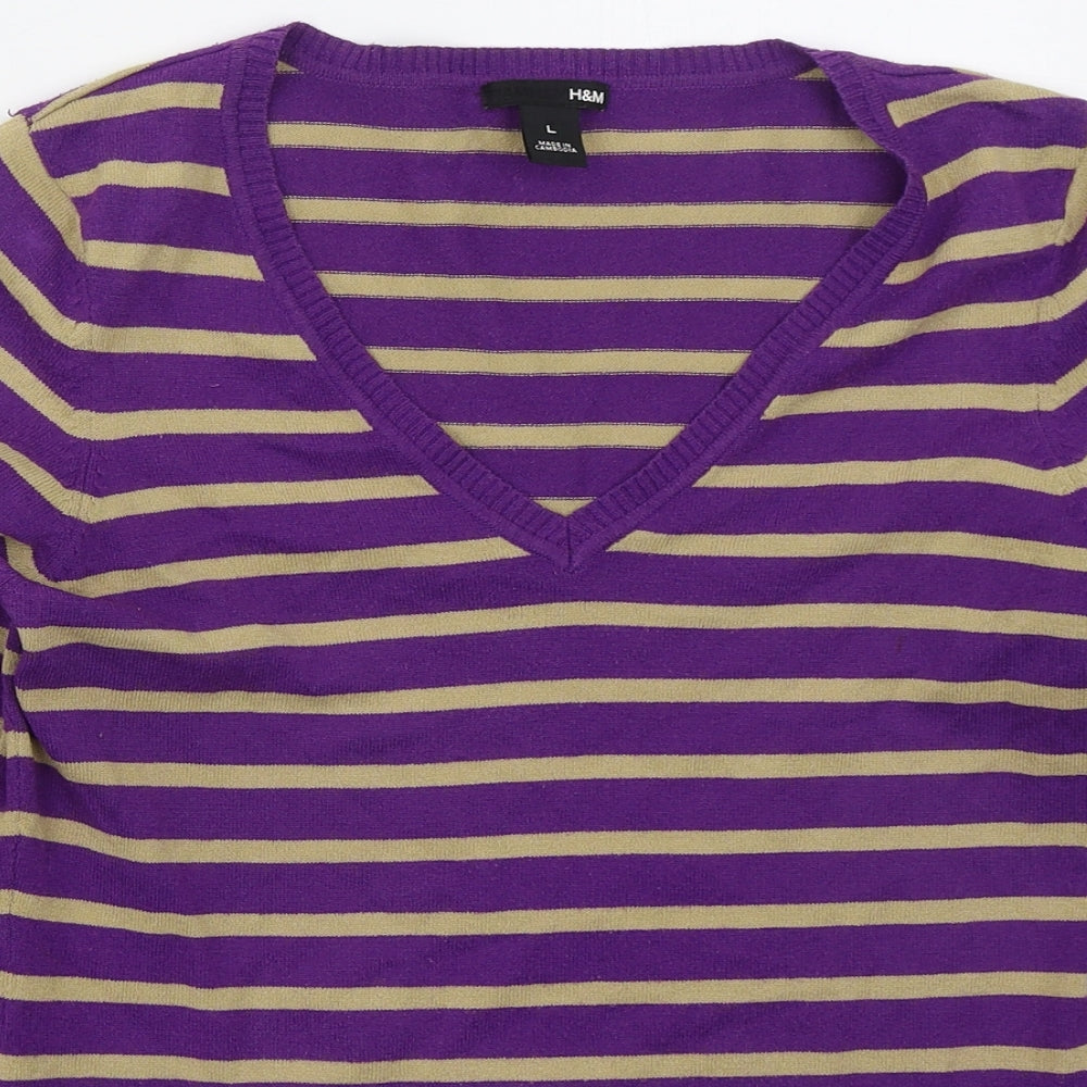 H&M Womens Purple V-Neck Striped Acrylic Pullover Jumper Size L