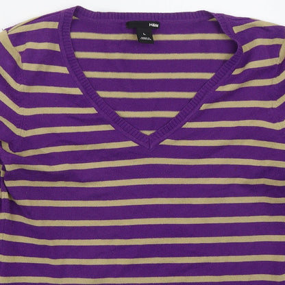 H&M Womens Purple V-Neck Striped Acrylic Pullover Jumper Size L