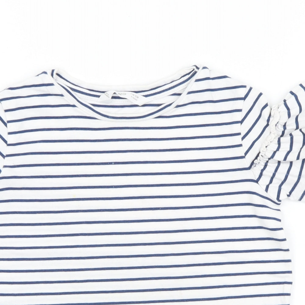 MNG Girls White Striped Cotton Basic T-Shirt Size 6 Years Round Neck