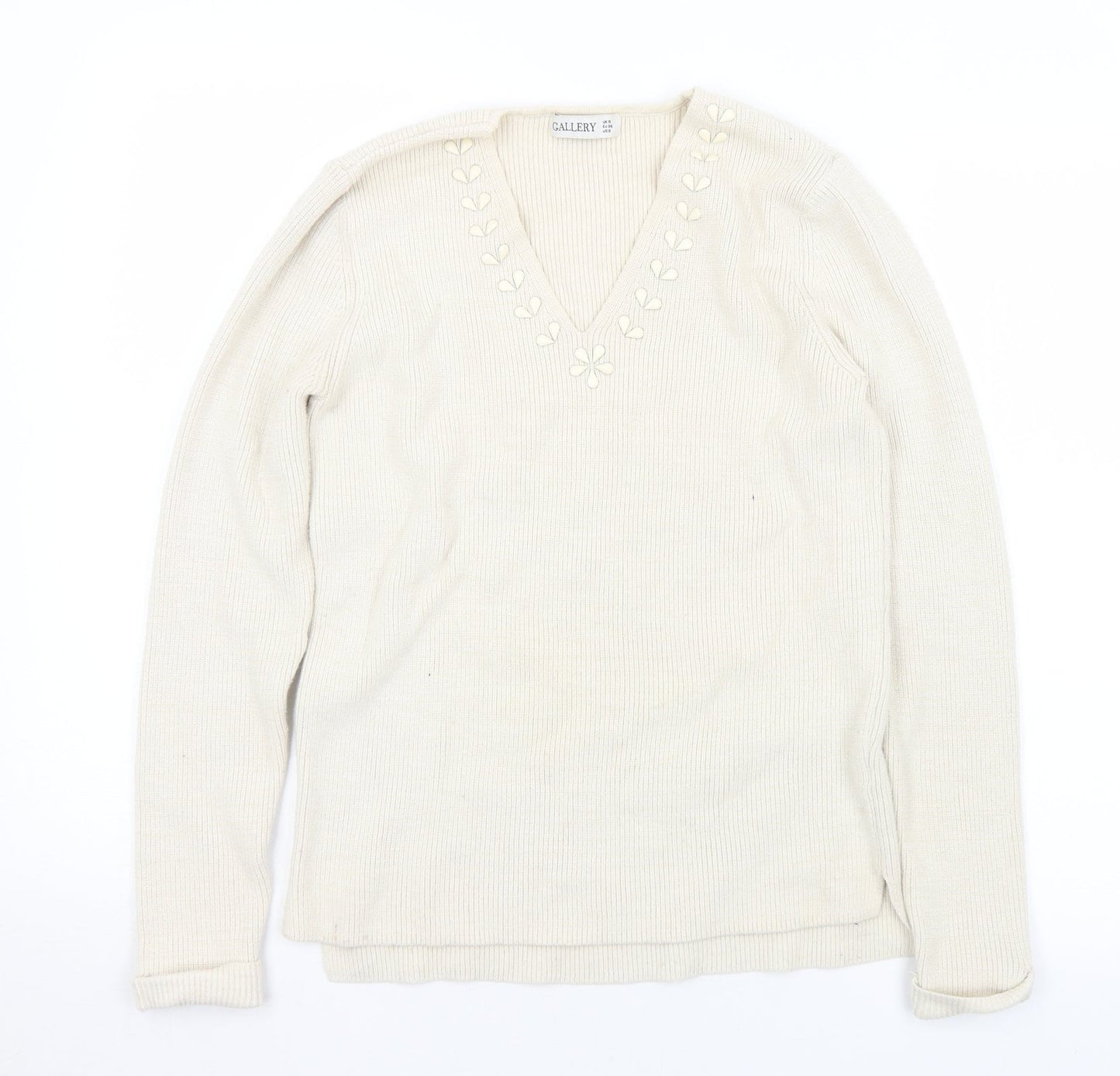 Gallery Womens Ivory V-Neck  Cotton Pullover Jumper Size S