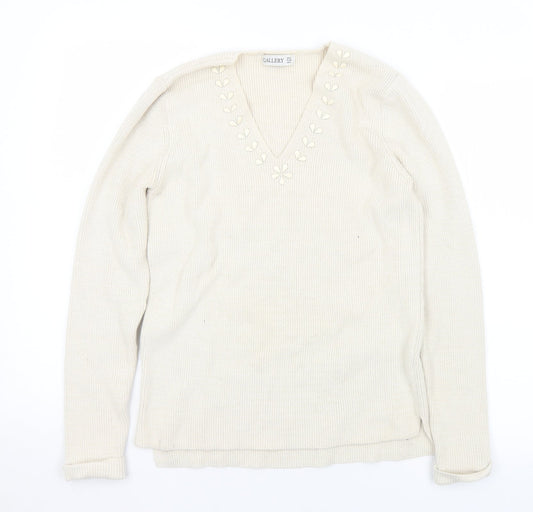 Gallery Womens Ivory V-Neck  Cotton Pullover Jumper Size S