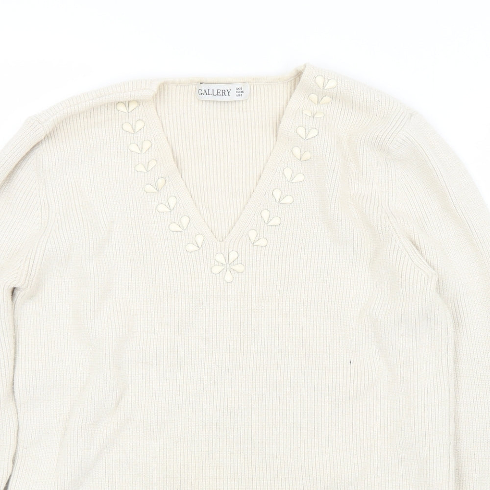 Gallery Womens Ivory V-Neck  Cotton Pullover Jumper Size S