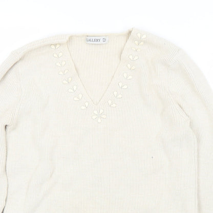 Gallery Womens Ivory V-Neck  Cotton Pullover Jumper Size S