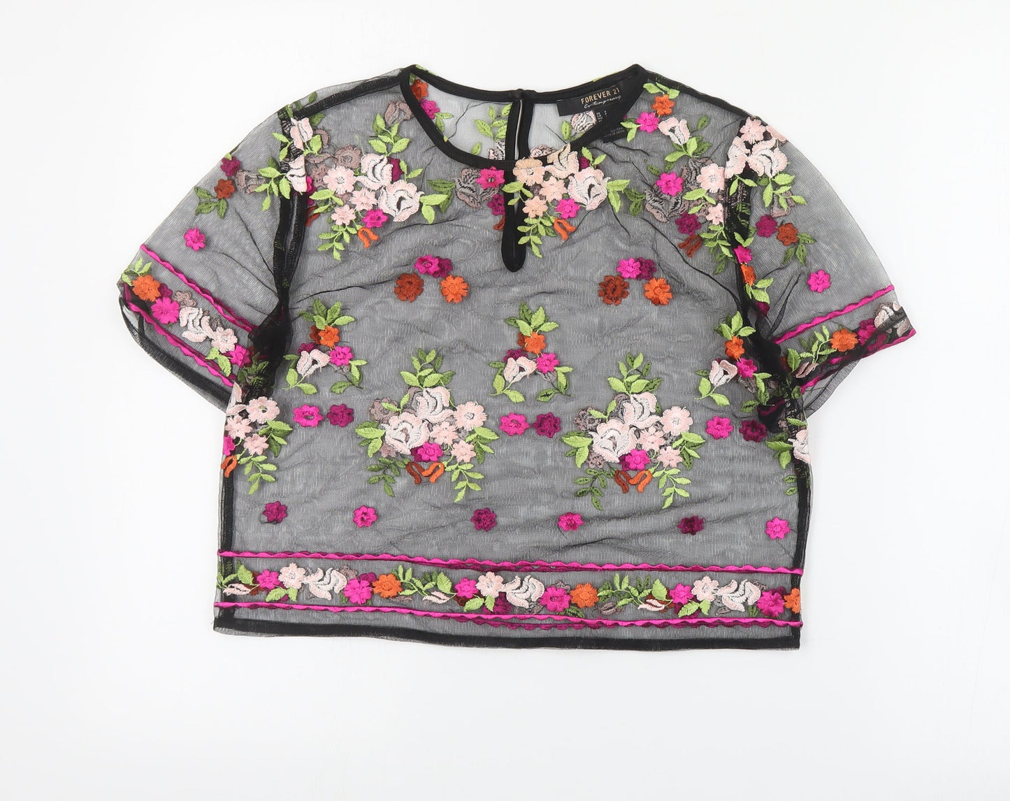 FOREVER 21 Womens Black Floral Polyester Cropped Blouse Size S Round Neck