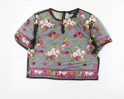 FOREVER 21 Womens Black Floral Polyester Cropped Blouse Size S Round Neck