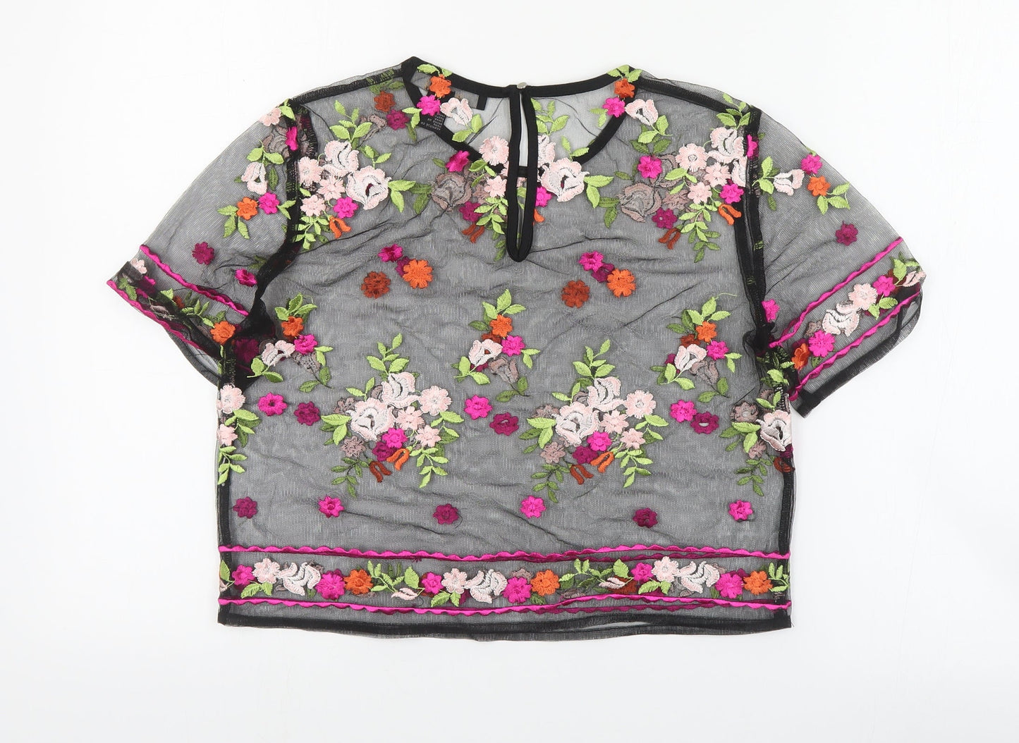 FOREVER 21 Womens Black Floral Polyester Cropped Blouse Size S Round Neck