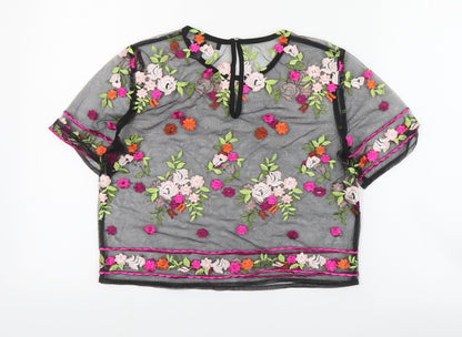 FOREVER 21 Womens Black Floral Polyester Cropped Blouse Size S Round Neck