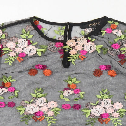 FOREVER 21 Womens Black Floral Polyester Cropped Blouse Size S Round Neck
