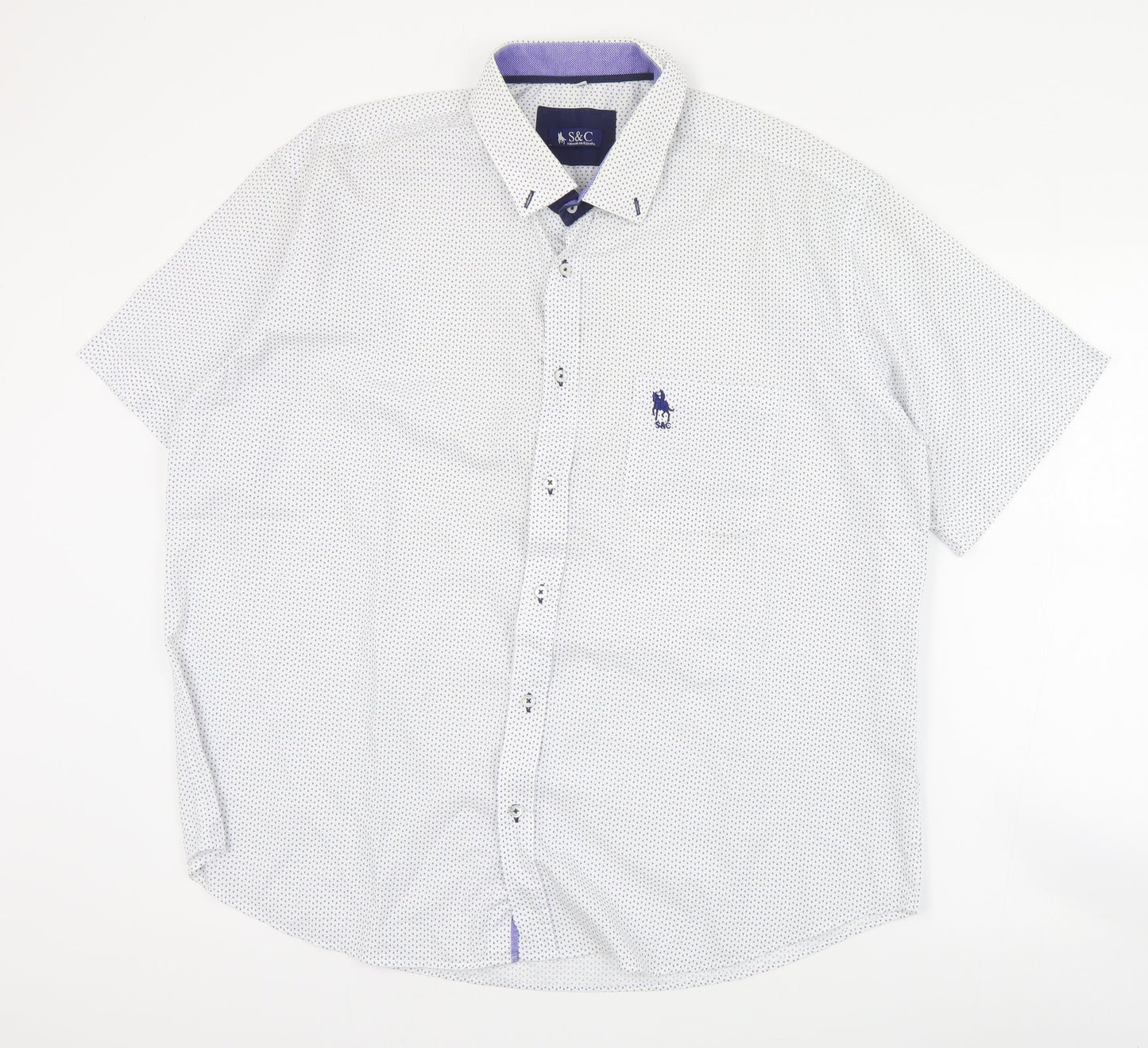 S&C Mens White Geometric Polyester  Button-Up Size L Collared Button