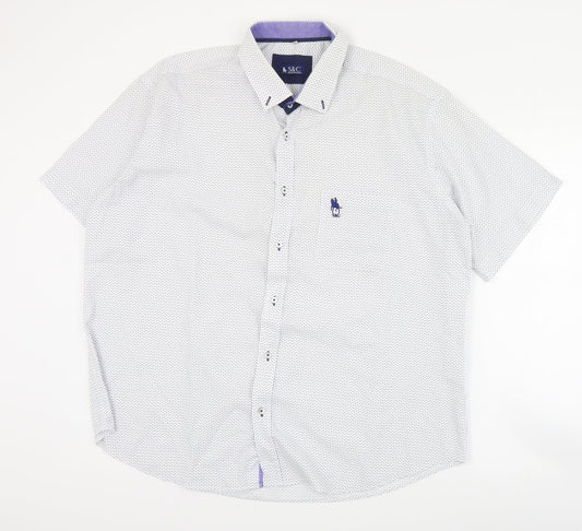 S&C Mens White Geometric Polyester  Button-Up Size L Collared Button