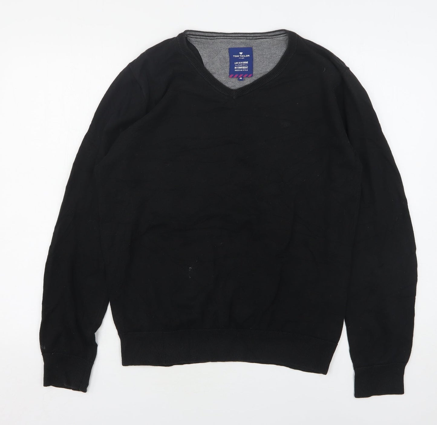 Tom Tailor  Mens Black V-Neck  Cotton Pullover Jumper Size M