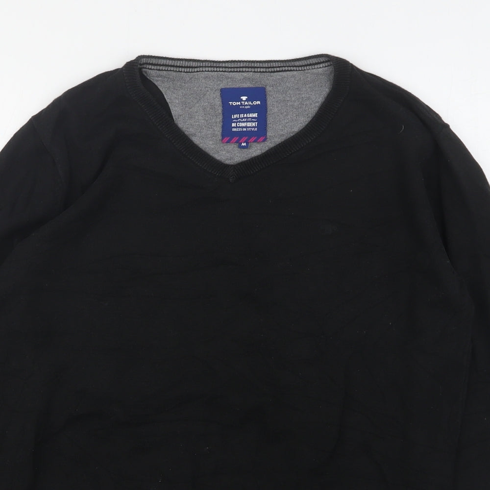 Tom Tailor  Mens Black V-Neck  Cotton Pullover Jumper Size M