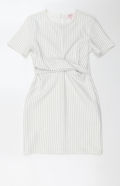 Miss Selfridge Womens White Striped Polyester Pencil Dress  Size 6  Crew Neck