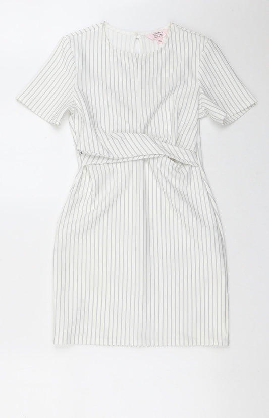 Miss Selfridge Womens White Striped Polyester Pencil Dress  Size 6  Crew Neck