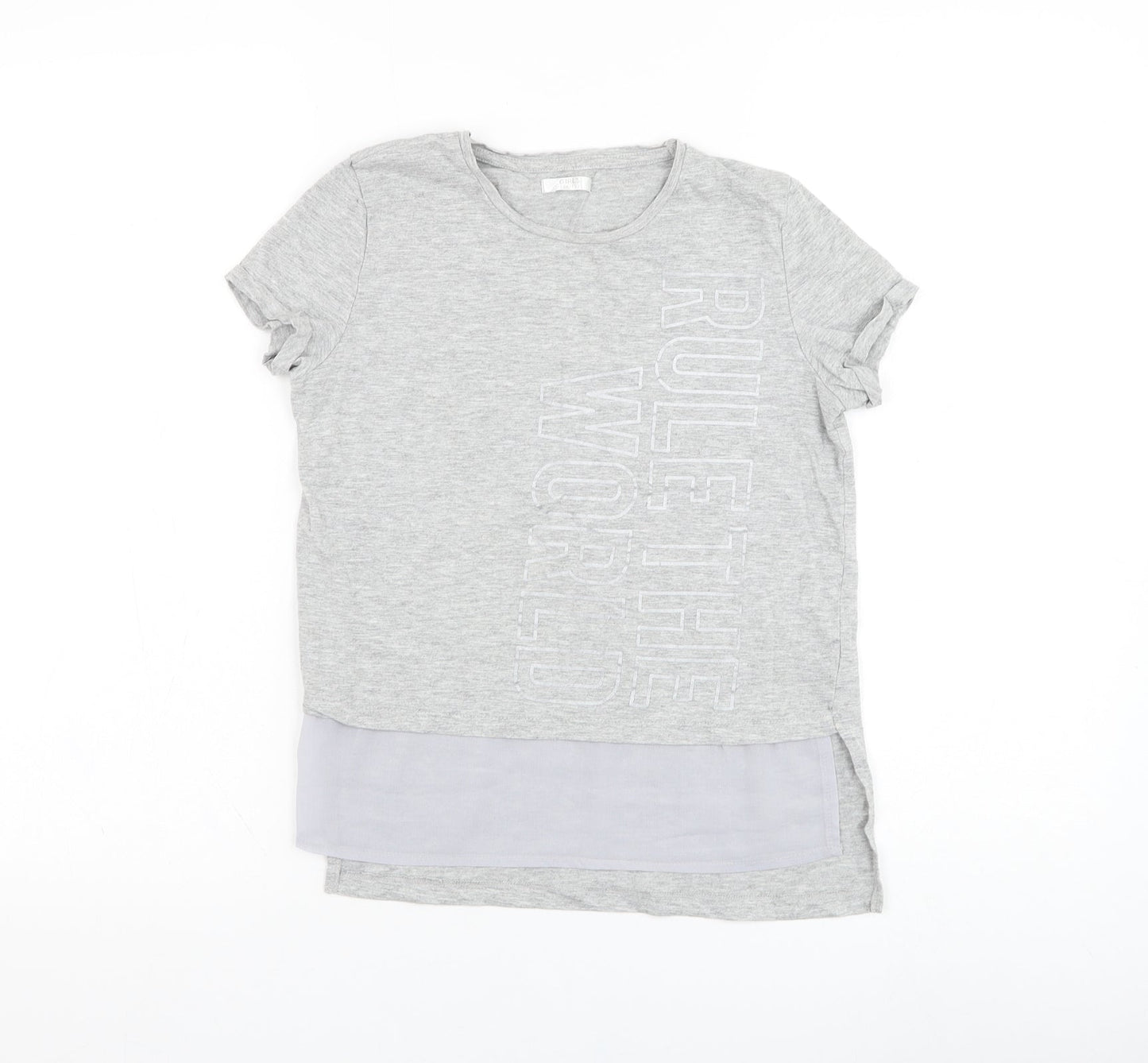 Preworn Girls Grey  Cotton Basic T-Shirt Size 11-12 Years Round Neck Pullover - Rule The World