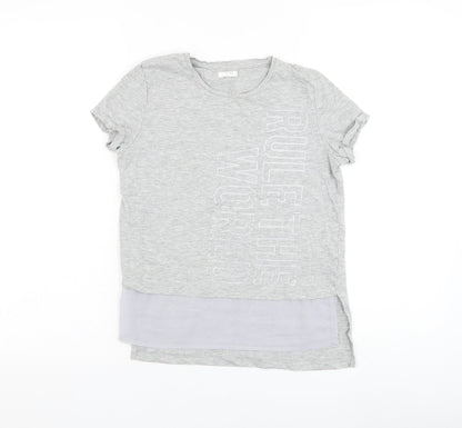 Preworn Girls Grey  Cotton Basic T-Shirt Size 11-12 Years Round Neck Pullover - Rule The World