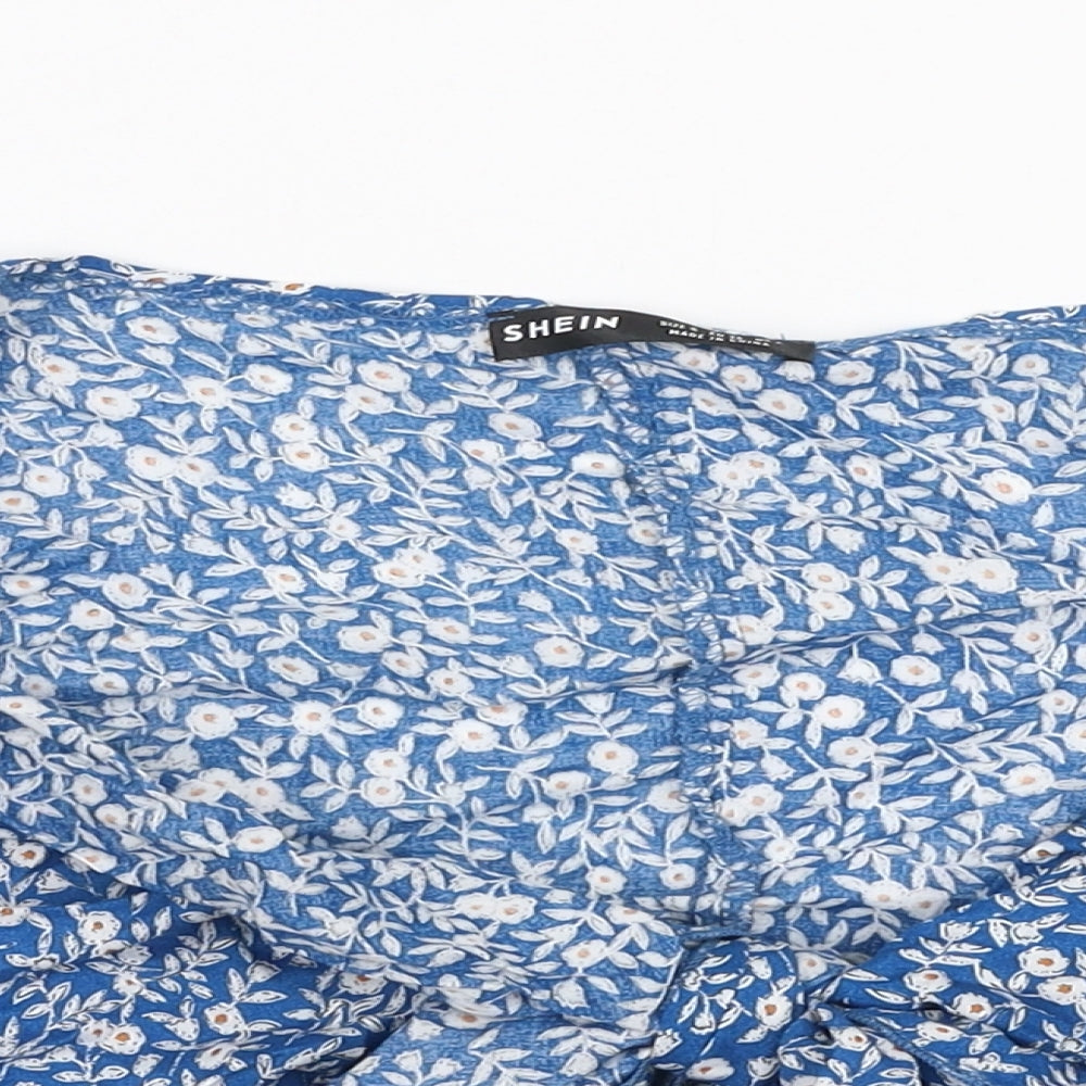 SheIn Womens Blue Floral Polyester Cropped Blouse Size S V-Neck