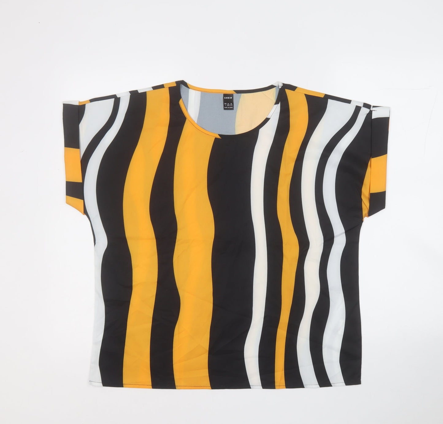 SheIn Womens Yellow Geometric Polyester Basic Blouse Size L Round Neck
