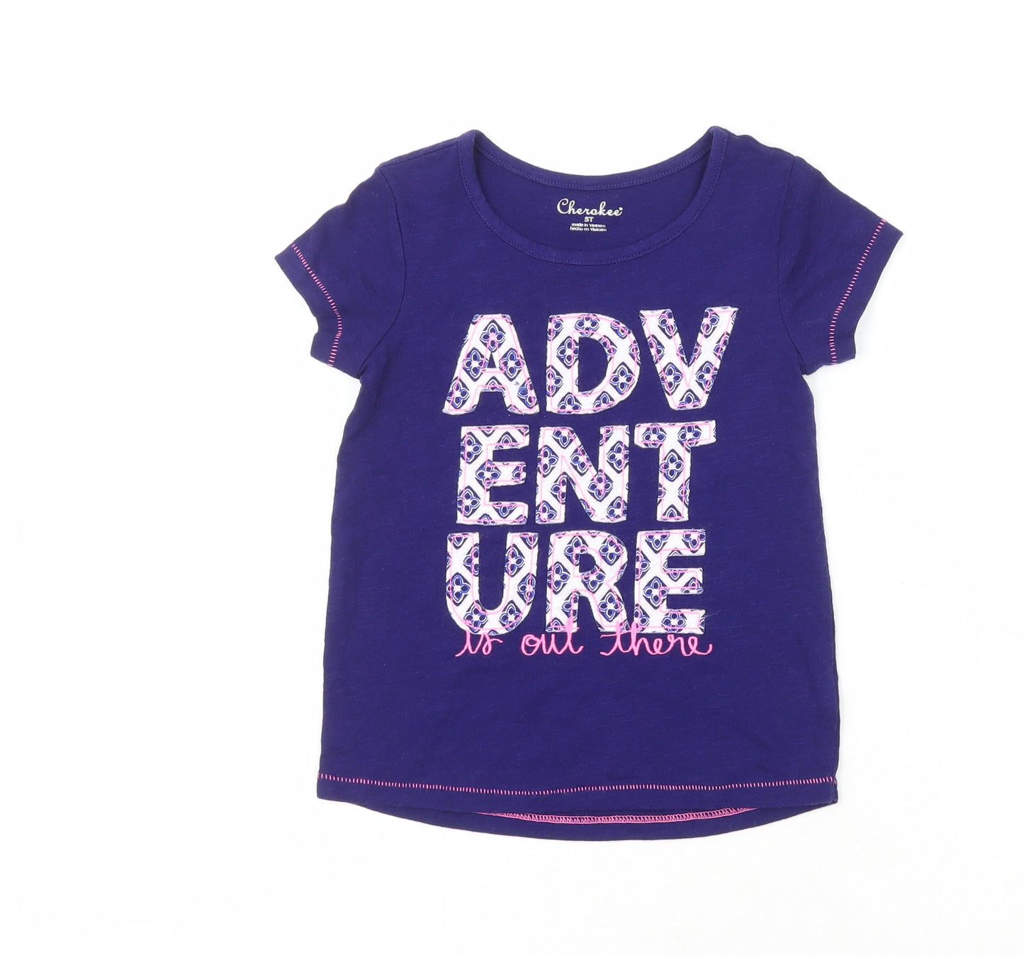 Cherokee Girls Purple  Cotton Pullover T-Shirt Size 3-4 Years Crew Neck  - Adventure is out there