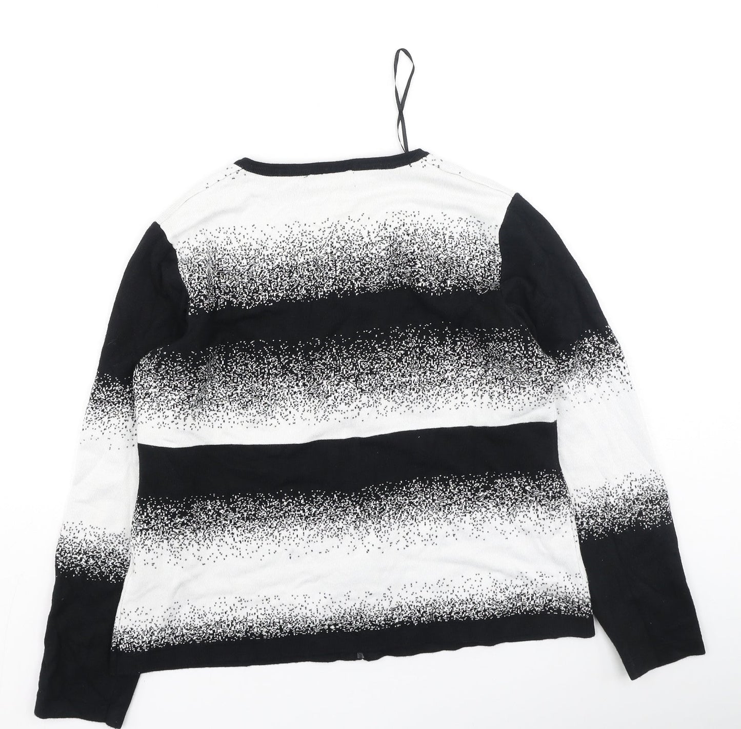 Claudia  Womens Black Round Neck Striped Cotton Full Zip Jumper Size M