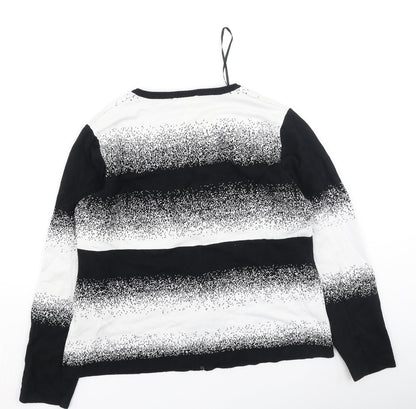 Claudia  Womens Black Round Neck Striped Cotton Full Zip Jumper Size M