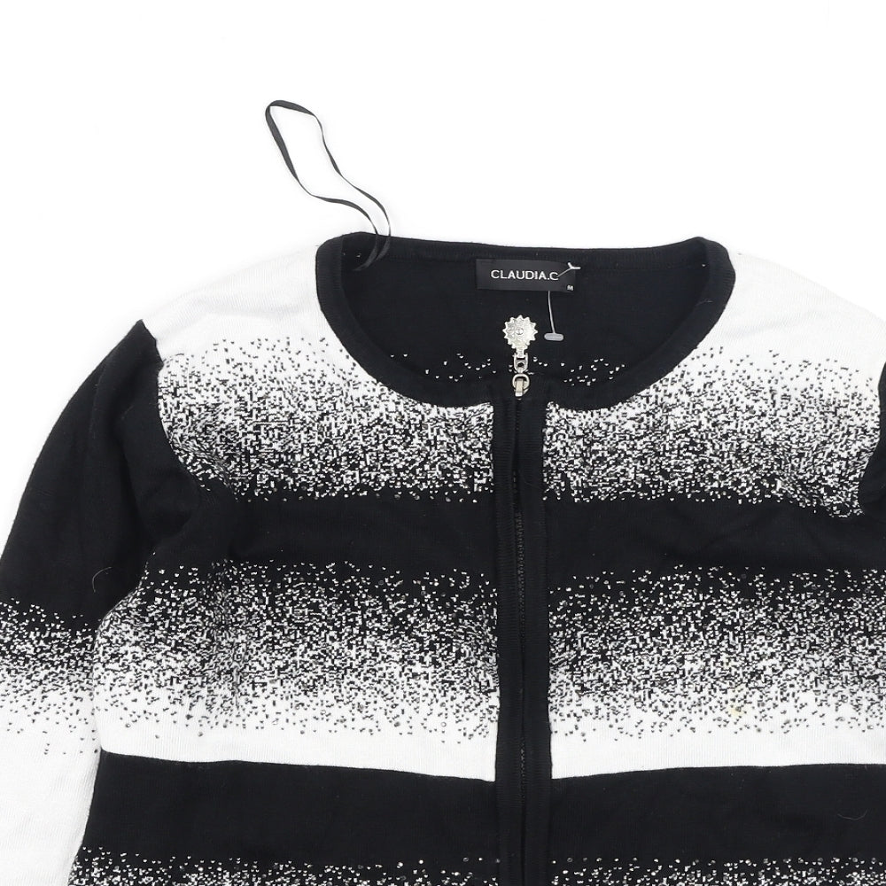 Claudia  Womens Black Round Neck Striped Cotton Full Zip Jumper Size M