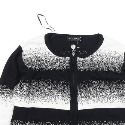 Claudia  Womens Black Round Neck Striped Cotton Full Zip Jumper Size M