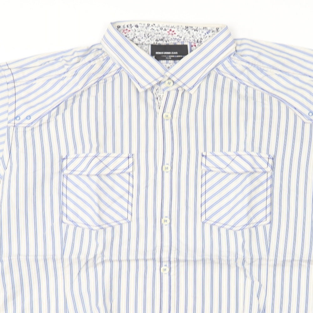 Remus Uomo Mens Blue Striped Cotton  Button-Up Size XL Collared