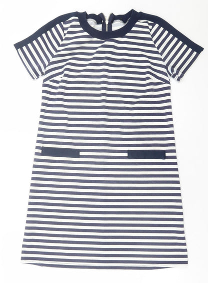 Atmosphere Womens Blue Striped Polyester A-Line  Size 8  Crew Neck Zip