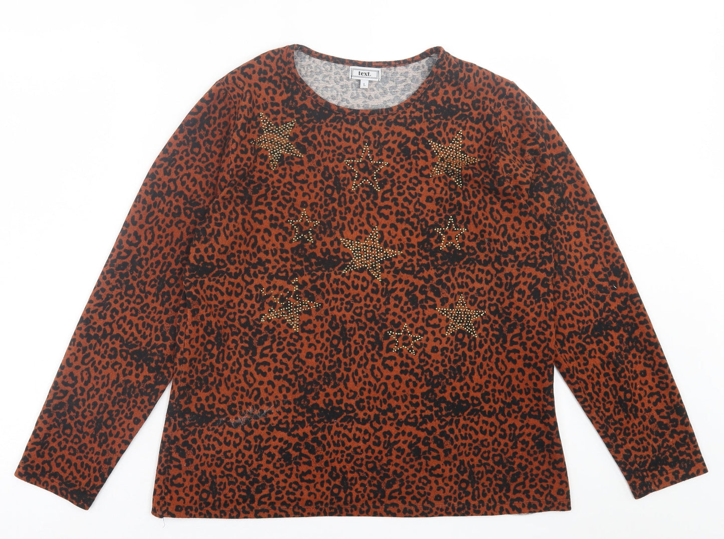 Text. Womens Orange Animal Print Polyester Basic T-Shirt Size L Crew Neck