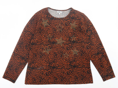 Text. Womens Orange Animal Print Polyester Basic T-Shirt Size L Crew Neck