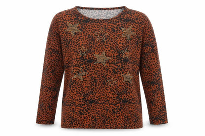 Text. Womens Orange Animal Print Polyester Basic T-Shirt Size L Crew Neck