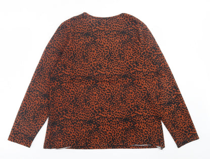 Text. Womens Orange Animal Print Polyester Basic T-Shirt Size L Crew Neck