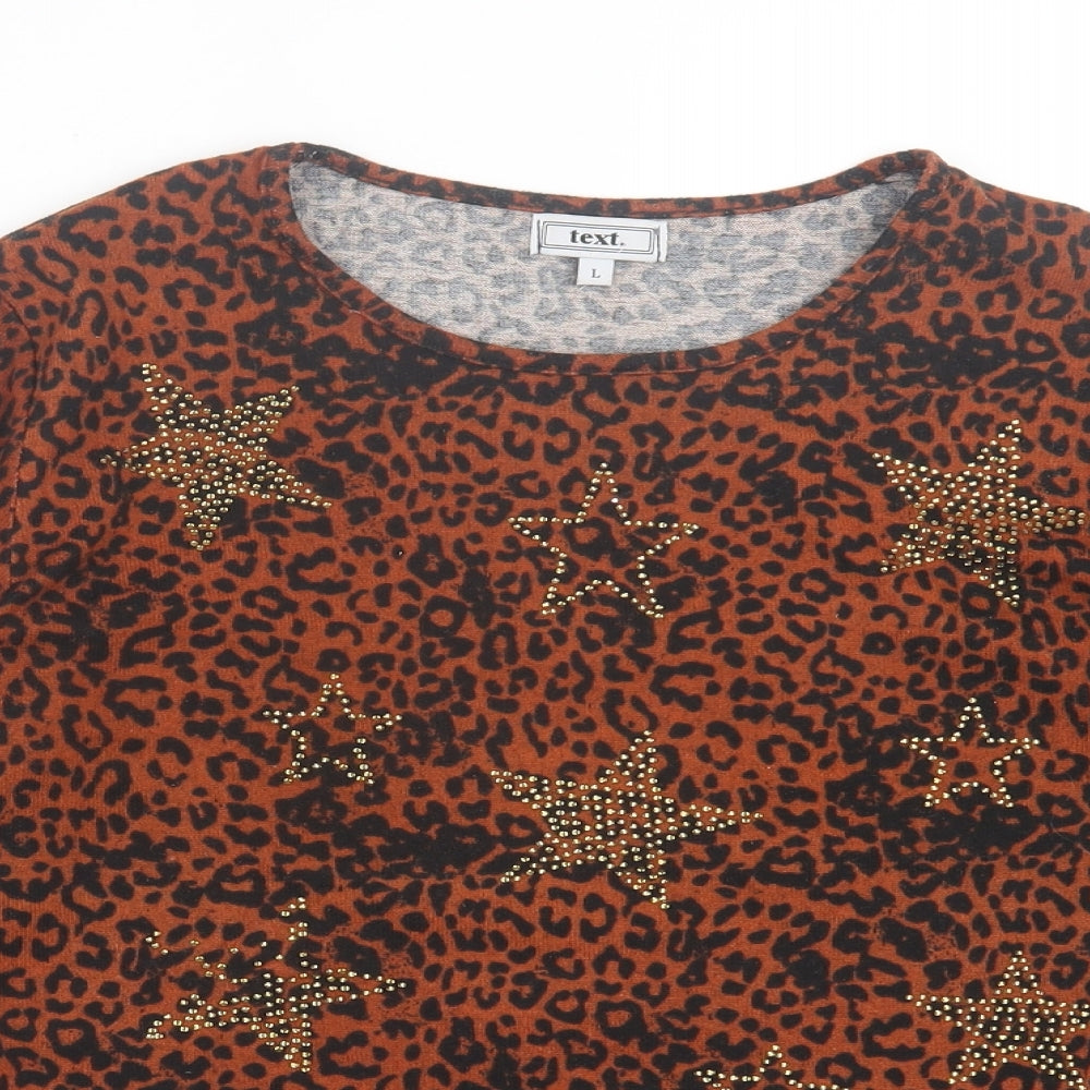 Text. Womens Orange Animal Print Polyester Basic T-Shirt Size L Crew Neck