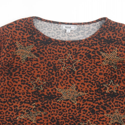 Text. Womens Orange Animal Print Polyester Basic T-Shirt Size L Crew Neck