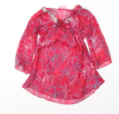 girl2girl Girls Pink Floral Polyester Tunic Blouse Size 5-6 Years V-Neck Pullover