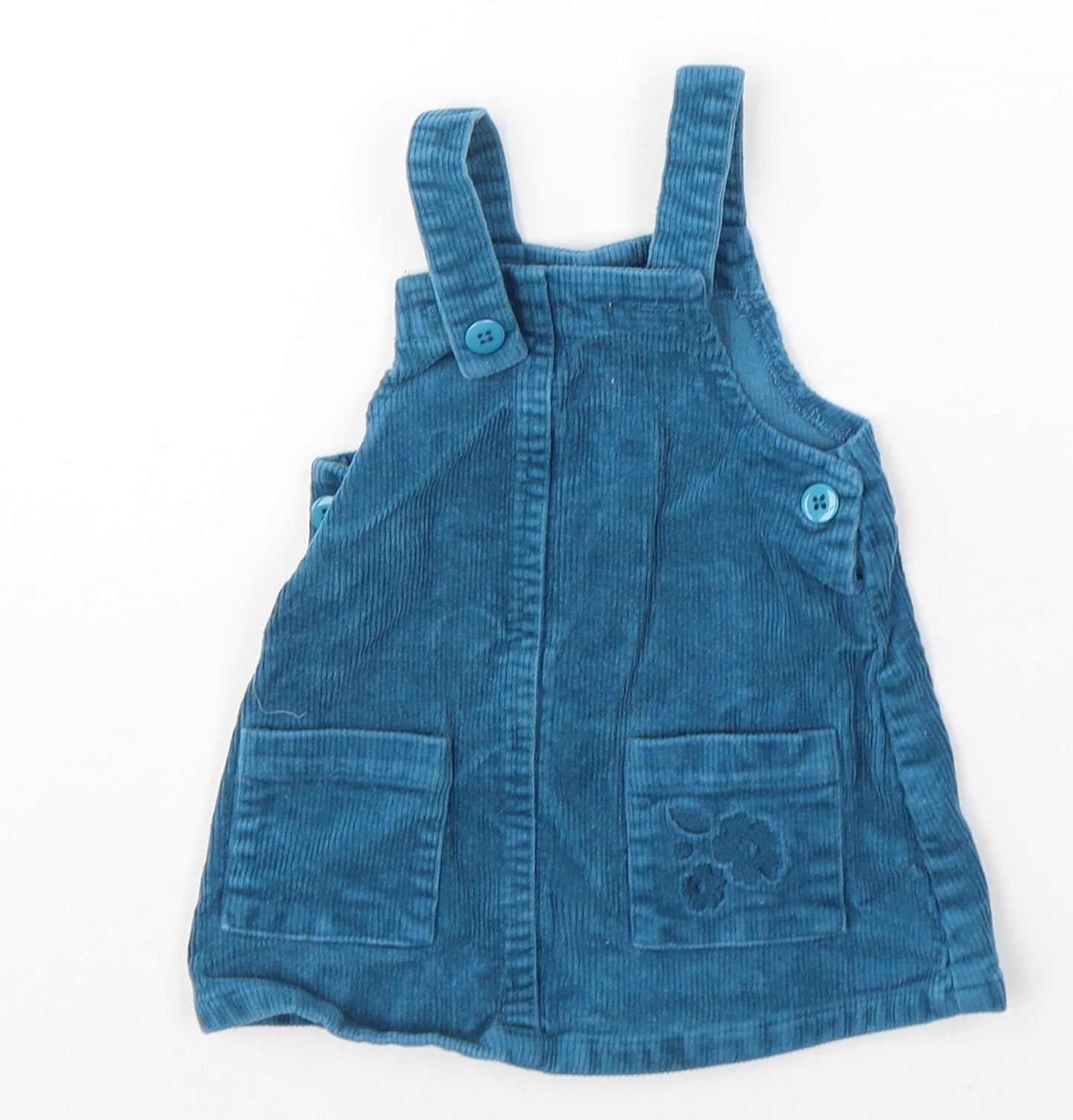Dunnes Stores Girls Blue  Cotton Pinafore/Dungaree Dress  Size 6-9 Months  Square Neck Button